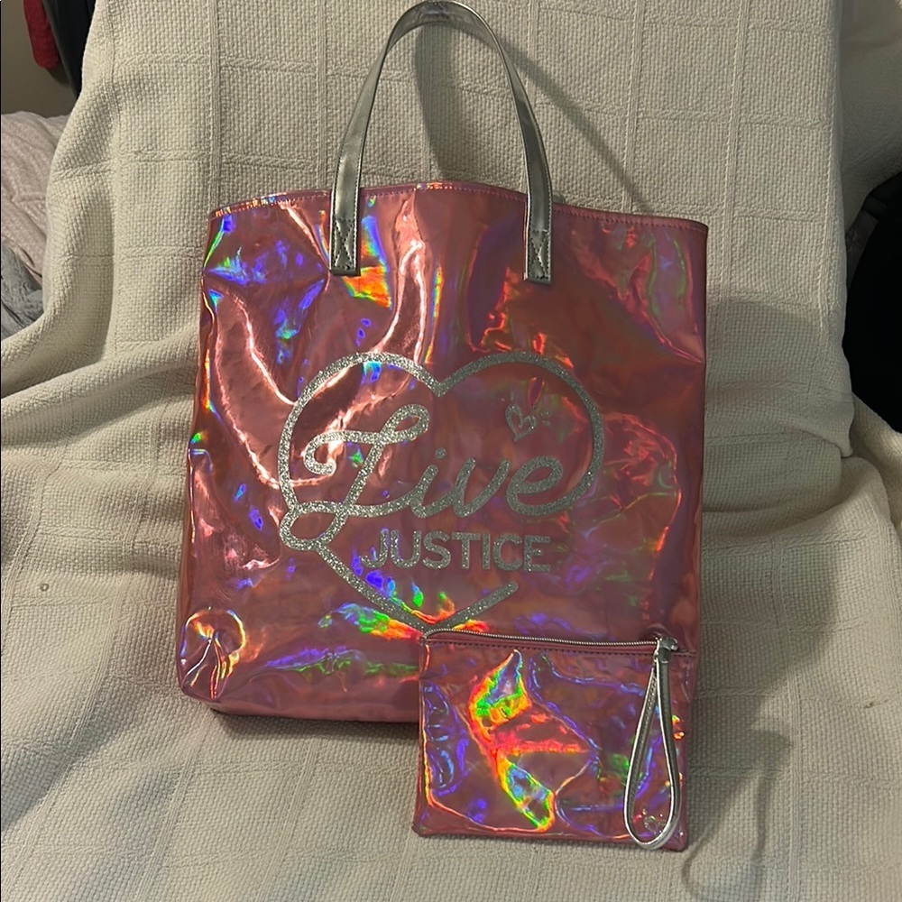 JUSTICE Iridescent Pink Tote Bag Set